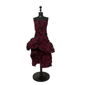 Vintage Strapless Fashion Doll Dress With Black & Red Leaf Print